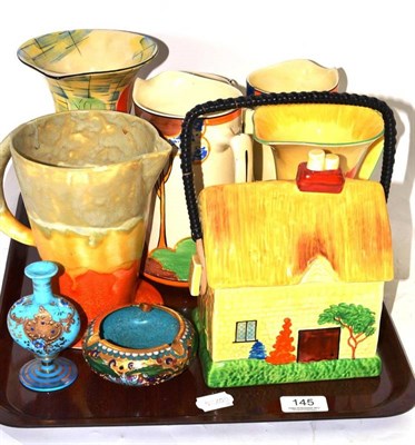 Lot 145 - A tray of 1930's jugs, cottage biscuit box and cover, cloisonné enamel ashtray etc