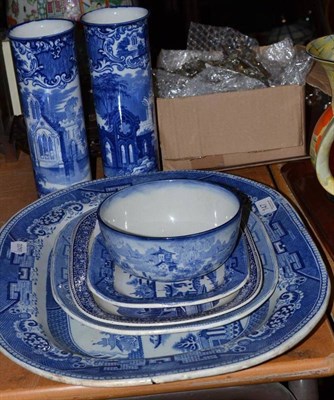 Lot 147 - Pair of blue and white 'Abbey' spill vases and assorted blue and white dishes