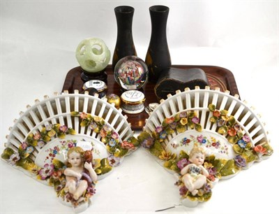 Lot 155 - A pair of Dresden porcelain wall pockets, Japanese vases, ivory opera glasses in case etc