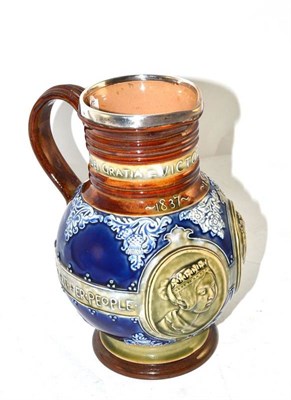 Lot 163 - A Royal Doulton silver mounted glazed stoneware commemorative jug for Queen Victoria's Diamond...