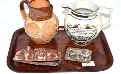 Lot 177 - Royal Doulton commemorative jug, pearlware jug with silver lustre rim, copper Teddy Bear mould...