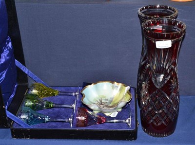 Lot 179 - Boxes set of five coloured wine glasses, pair of Bohemian glass vases and bowl