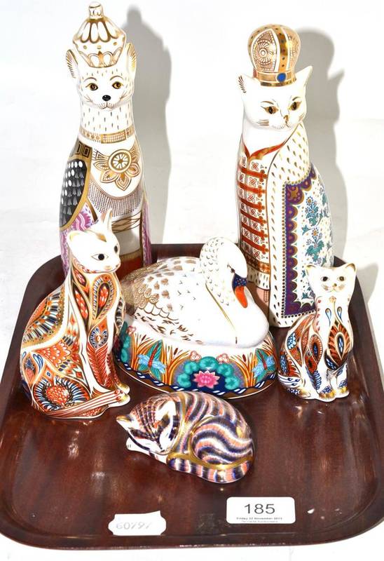 Lot 185 - Six Royal Crown Derby paperweights; Royal Cats, Russian (no stopper); Royal Cats, Burmese (no...