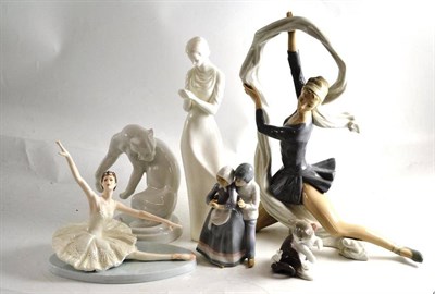 Lot 186 - A modern Meissen model of a puma, a large Nao figure of a ballerina, Lladro cat, Coalport 'The...
