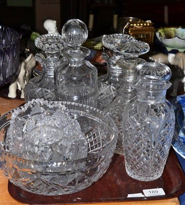Lot 189 - Pair of cut glass decanters and stoppers, three other decanters and stoppers, cut glass bowl, etc