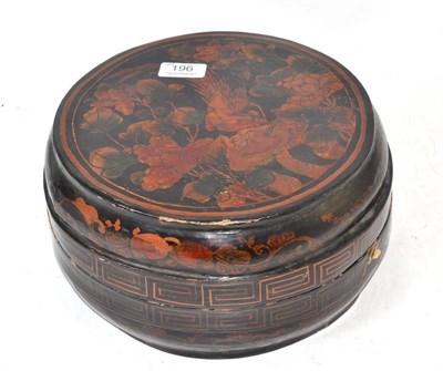 Lot 196 - A Chinese lacquer circular box and cover decorated with birds in branches, 28cm