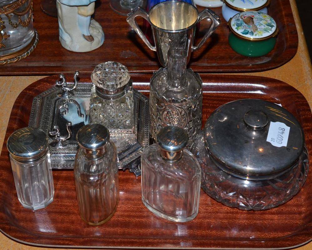 Lot 197 - Plated inkstand with cut glass inkwell, three silver mounted toilet jars, glass bottle in...