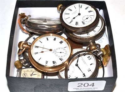 Lot 204 - Four silver cased pocket watches, a gilt cased Waltham pocket watch and five other watches (10)