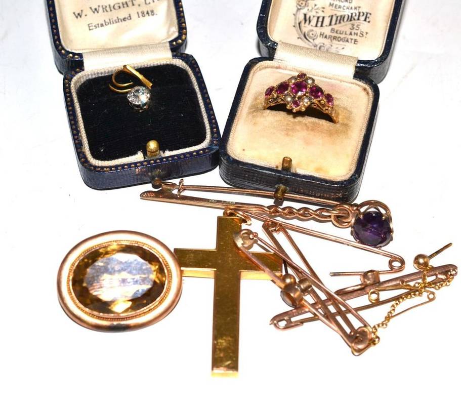 Lot 207 - A Victorian amethyst pearl ring, a citrine brooch, an amethyst stock pin, three bar brooches,...