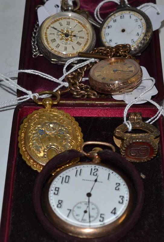 Lot 209 - A gilt metal gentleman's pocket watch, a lady's watch, two silver lady's watches, fob, seal and...