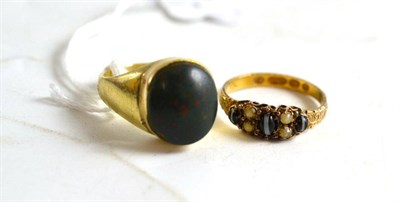 Lot 220 - A bloodstone set signet ring and a 15ct gold sardonyx and pearl set ring (a.f.)