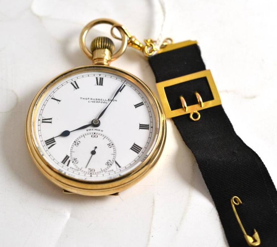 Lot 223 - Russell 9ct gold pocket watch with gold mounted ribbon