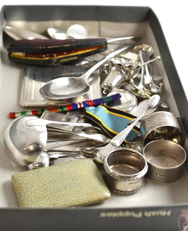 Lot 226 - A collection of silver and silver plate including 18th century and later spoons, shagreen cigarette
