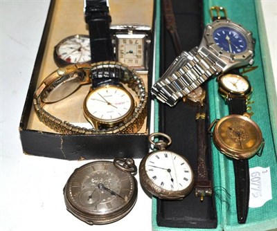 Lot 227 - A lady's Accurist 9ct gold wristwatch, lady's fob watch stamped '14C', silver pocket watch,...