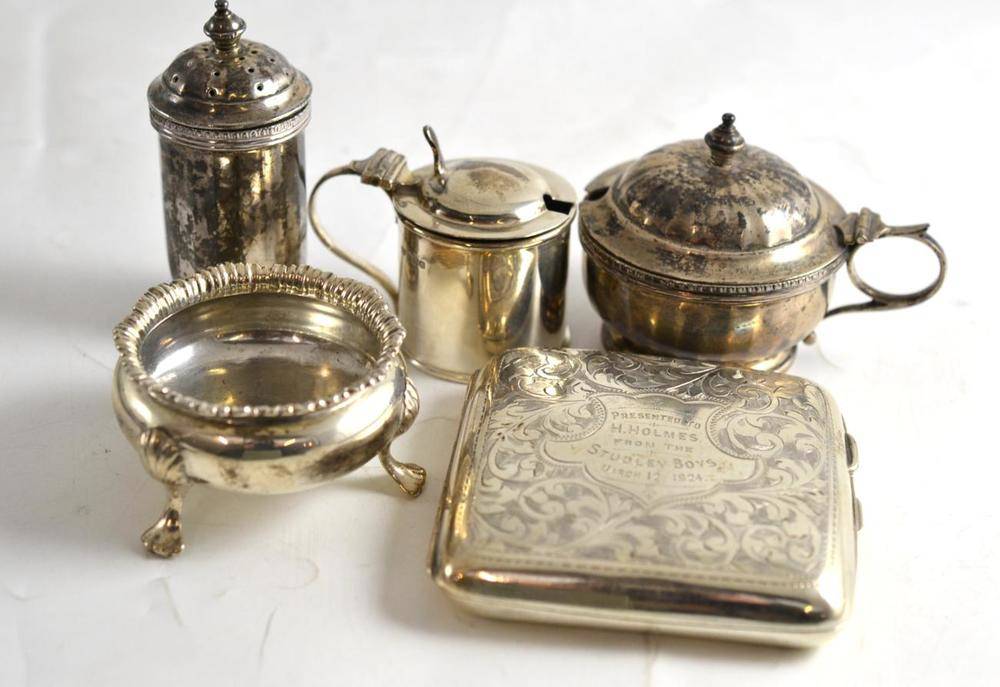 Lot 230 - A silver salt, two silver mustards, a pepperette and a cigarette case (5)