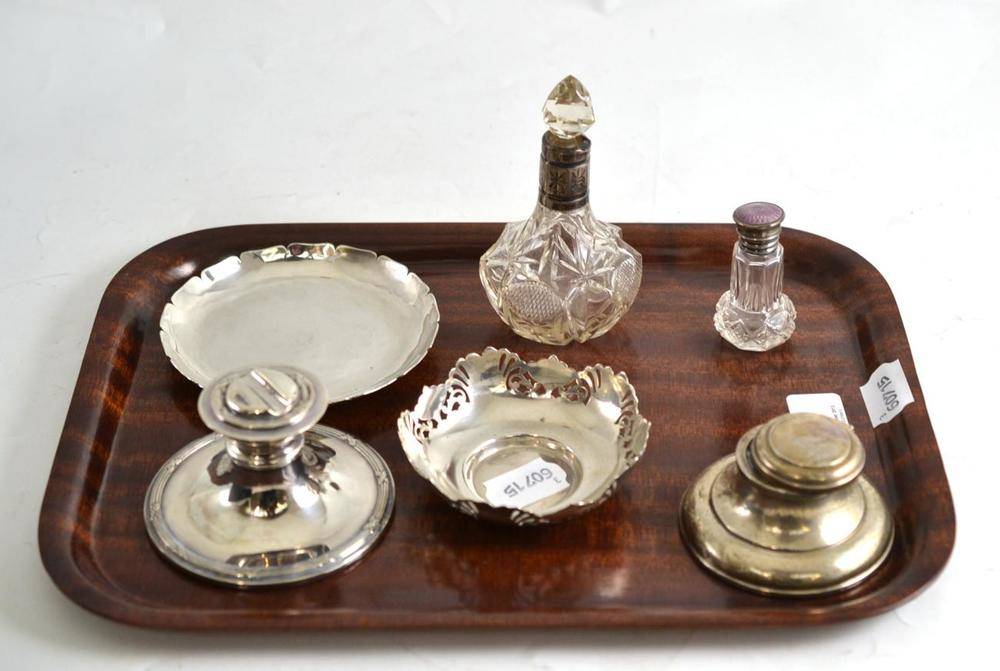 Lot 247 - Two small silver shallow dishes, two silver mounted glass bottles and two silver inkwells