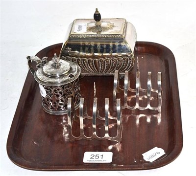 Lot 251 - Pair of silver toast racks, pierced silver mustard cover with hinged lid and plated bon bon box and