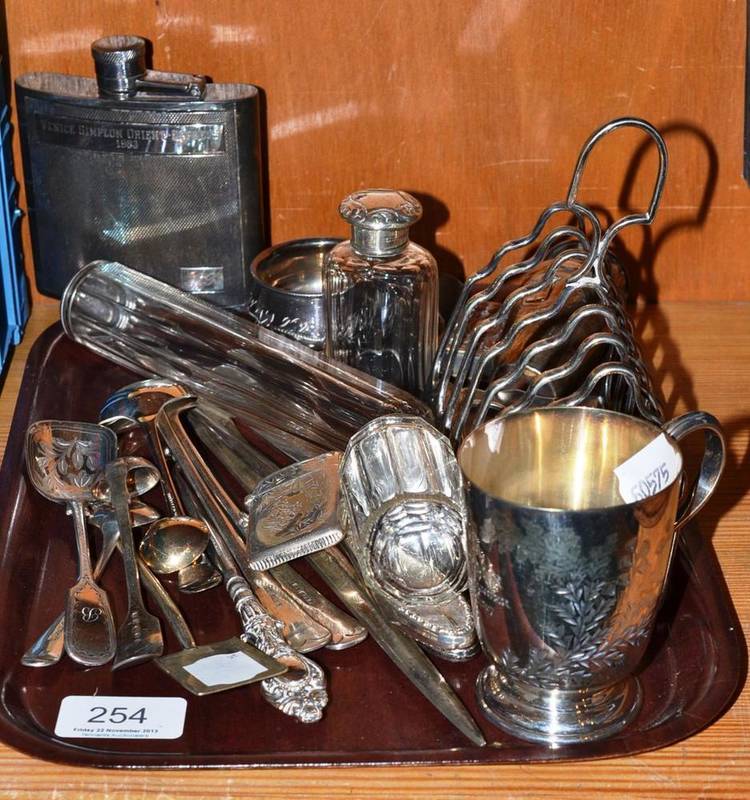 Lot 254 - A collection of assorted silver and silver plate including a toast rack, meat skewer, vesta...