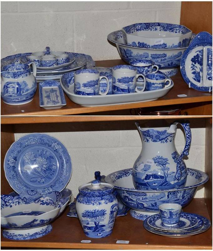 Lot 266 - Two shelves of blue and white pottery including Spode toilet ewer and basin, bowls etc