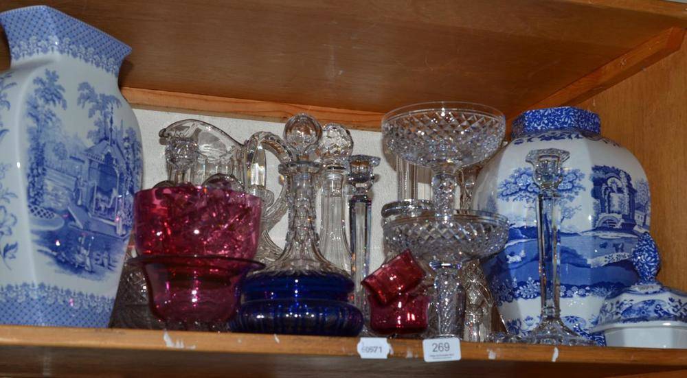 Lot 269 - A large Spode blue and white vase, a Spode jar and cover, cut glass decanters, cranberry glass etc