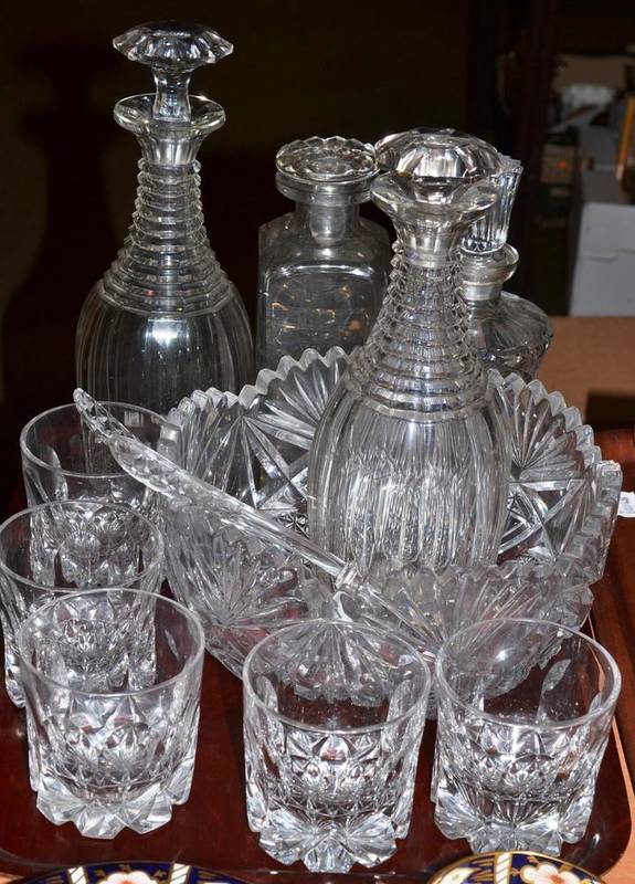 Lot 275 - Tray including cut glass decanters and stoppers, cut glass bowl and five tumblers
