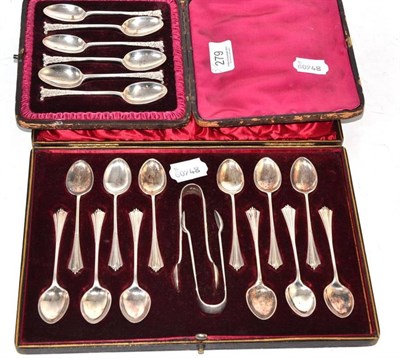 Lot 279 - Cased set of twelve silver teaspoons and a set of six cased teaspoons