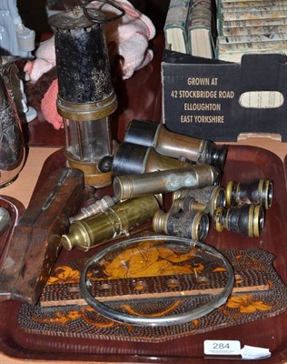 Lot 284 - Mixed collectables including miners lamp, binoculars, opera glasses, boot pulls, corkscrew,...