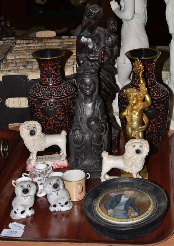 Lot 285 - Pratt pot lid, poodle figures, miniature cabinet pieces, ormolu figure and a pair of Chinese vases