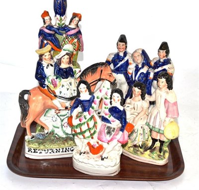 Lot 291 - Five Staffordshire pottery figure groups including 'Death of Nelson' and 'Returning Home'