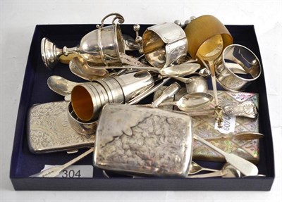 Lot 304 - Mother-of-pearl hinged card case, silver napkin ring, cigarette cases, flatware etc