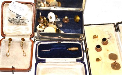 Lot 305 - A pair of 9ct gold and baroque pearl earrings, various 9ct gold and other studs and cufflinks