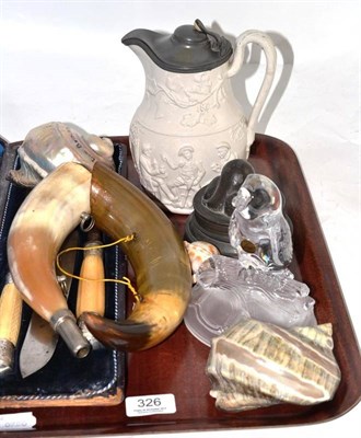 Lot 326 - Assorted items including shells, cased bone handled carving set with plated mounts, two horns,...
