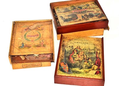 Lot 327 - Six boxed 19th century dissected wooden jigsaw puzzles - Sovereigns of England, Indian Scenes,...