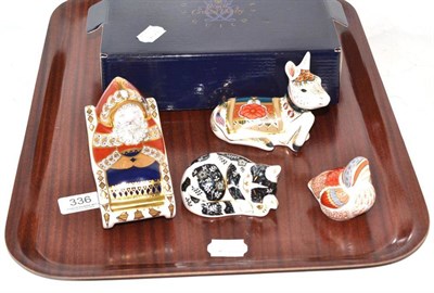 Lot 336 - Four Royal Crown Derby paperweights, Father Christmas on a sledge, Teal Duckling, Donkey Foal...