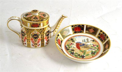Lot 337 - Royal Crown Derby Robin pin dish and miniature teapot and cover, in Imari pattern no. 1128...