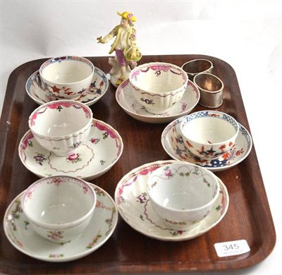Lot 345 - Six composite 18th and 19th century tea bowls and saucers, Derby figure (a.f.) and two silver...