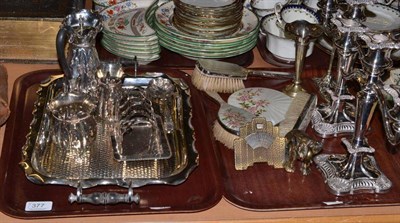 Lot 377 - A three piece silver and enamel dressing table set, an Art Deco perpetual desk calendar, a...