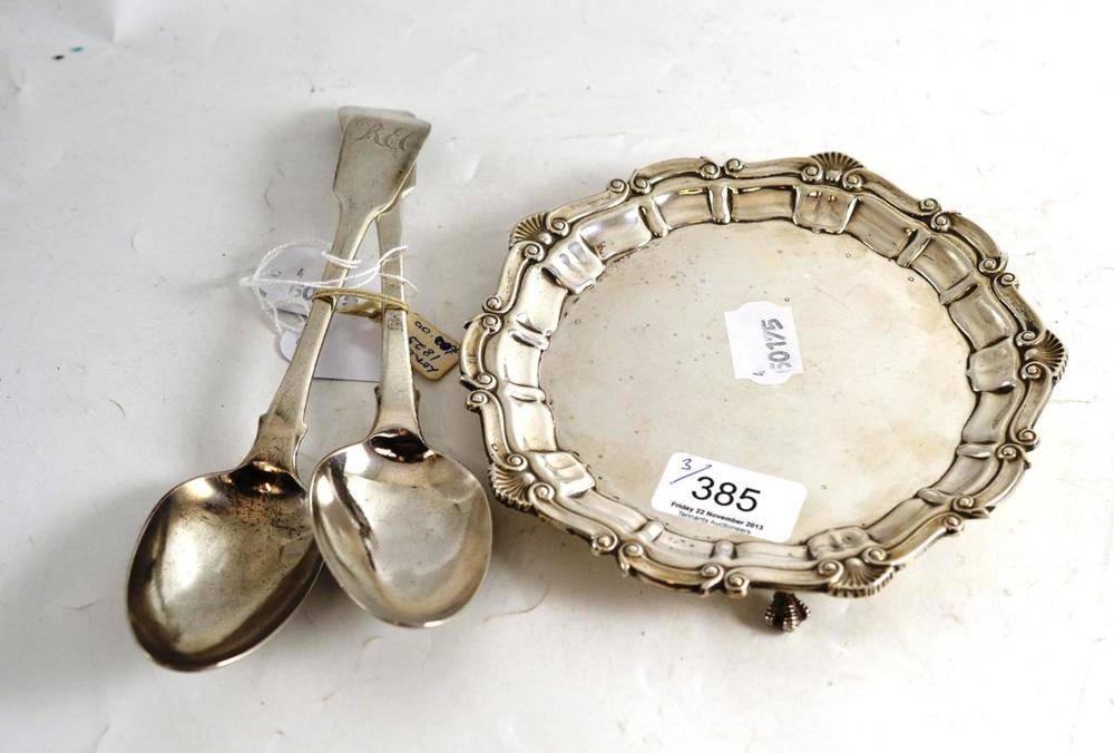 Lot 385 - A small silver waiter and two fiddle pattern spoons