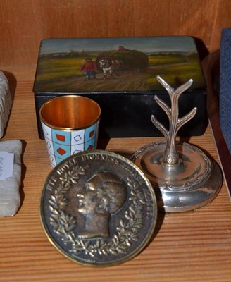 Lot 395 - Russian papier mache box, silver ring tree, Russian vodka cup and a Prince Albert medallion