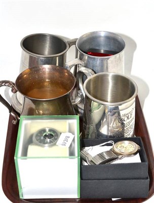 Lot 425 - Gold plated watch, two wristwatches and four pewter tankards