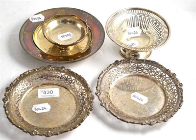 Lot 430 - A pair of pierced silver dishes, two bonbon dishes, a small bowl and a coaster (6)