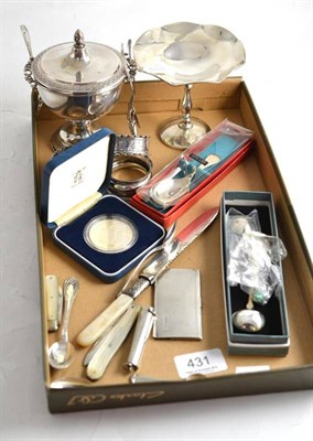 Lot 431 - A silver stamp case, two fruit knives, a cigar holder, two napkin rings etc (quantity)