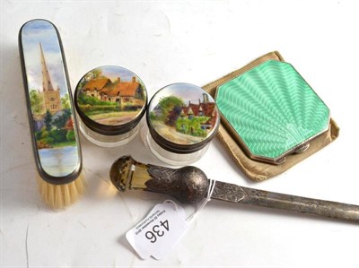 Lot 436 - An enamel compact, a paper knife, two enamel topped jars and a brush (5)