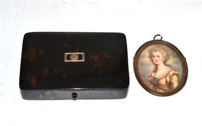 Lot 437 - Tortoiseshell hinged box with gilt metal initials to the cover and an oval portrait miniature...