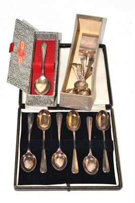 Lot 442 - Six silver teaspoons cased, six coffee spoons, a christening spoon and napkin ring