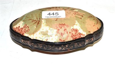 Lot 445 - A tortoiseshell mounted pin cushion with pique work decoration