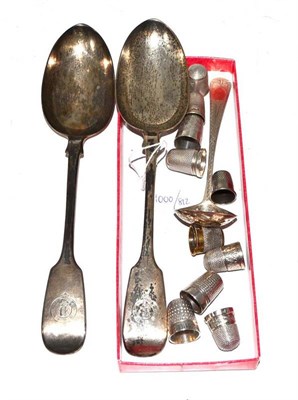 Lot 460 - Two silver tablespoons, sifter spoon and assorted thimbles