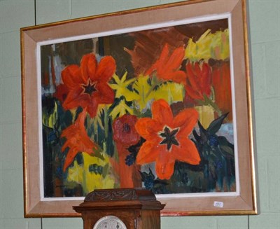 Lot 482 - Druie Bowett (1924-1999), Red, Yellow and Orange Flowers, signed and dated (19)58, oil on...