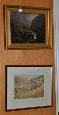 Lot 487 - 19th century oil on board of a mountainous landscape and river, in a gilt frame, and a framed...