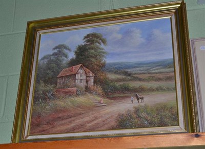 Lot 494 - W Collins, landscape with figures and a horse, signed, oil on canvas